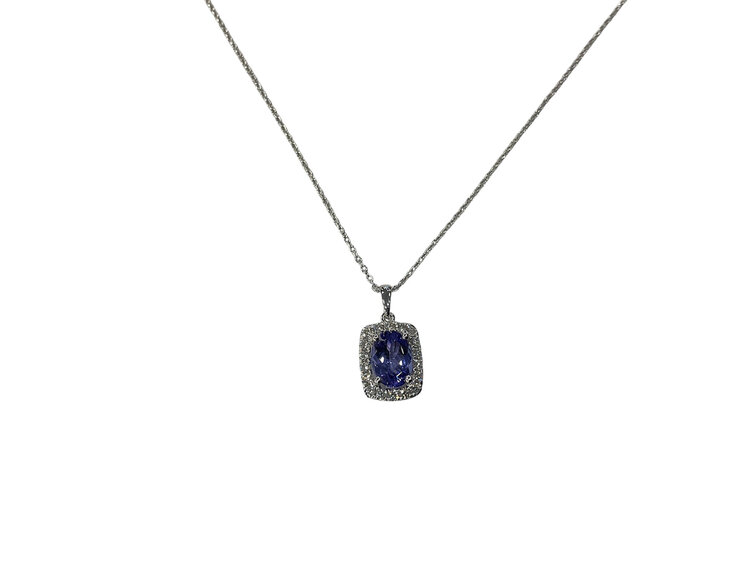 PRIMA NY (Y)14K 0.88TZ 0.17DI OVAL 0.88CT TANZANITE AND 0.17CT ROUND DIAMONDS PENDANT ON WHITE GOLD CHAIN