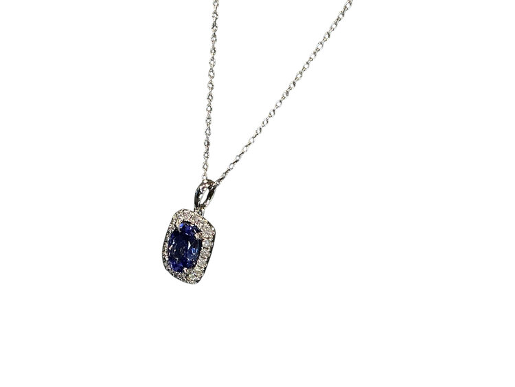 PRIMA NY (Y)14K 0.88TZ 0.17DI OVAL 0.88CT TANZANITE AND 0.17CT ROUND DIAMONDS PENDANT ON WHITE GOLD CHAIN