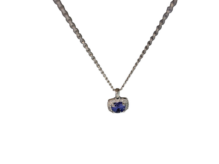 PRIMA NY (Y)14K 0.88TZ 0.17DI OVAL 0.88CT TANZANITE AND 0.17CT ROUND DIAMONDS PENDANT ON WHITE GOLD CHAIN