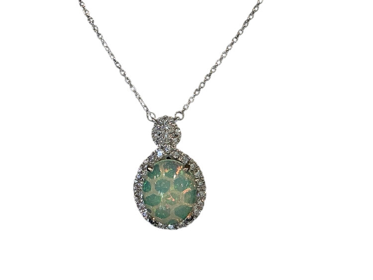 (Y)14KW 2.20CT OPAL 0.33CT DIA, WHITE GOLD OPAL PENDANT ON 14K CHAIN
