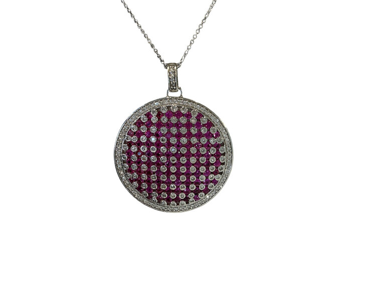 (Y)14K RU 3.89CT DIA .88CT WHITE GOLD RUBY/DIAMOND CIRCLE PENDANT