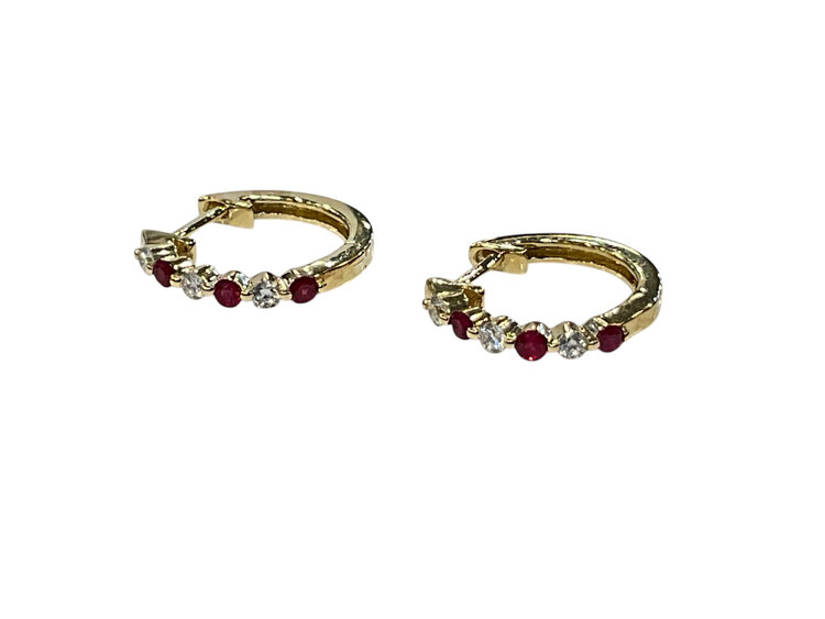 (Y)14KY .20TW RUBY .15TW DIAMOND YELLOW GOLD  HUGGIE HOOPS