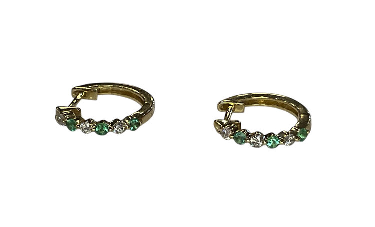 (Y)14KY .13TW EM .15CT DIAMOND AND EMERALD YELLOW GOLD  HUGGIE HOOPS