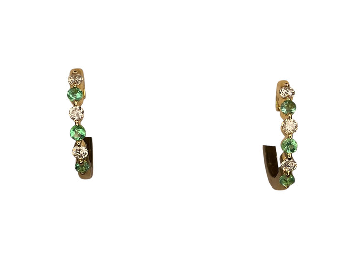 (Y)14KY .13TW EM .15CT DIAMOND AND EMERALD YELLOW GOLD  HUGGIE HOOPS
