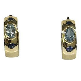 (X)18KY 1.20TW AQ .40TW BLUE SAPPHIRE AAA AQUAMARINE AA CEYLON SAPPHIRES HOOP YELLOW GOLD EARRINGS
