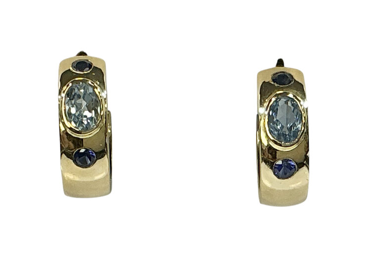 (X)18KY 1.20TW AQ .40TW BLUE SAPPHIRE AAA AQUAMARINE AA CEYLON SAPPHIRES HOOP YELLOW GOLD EARRINGS