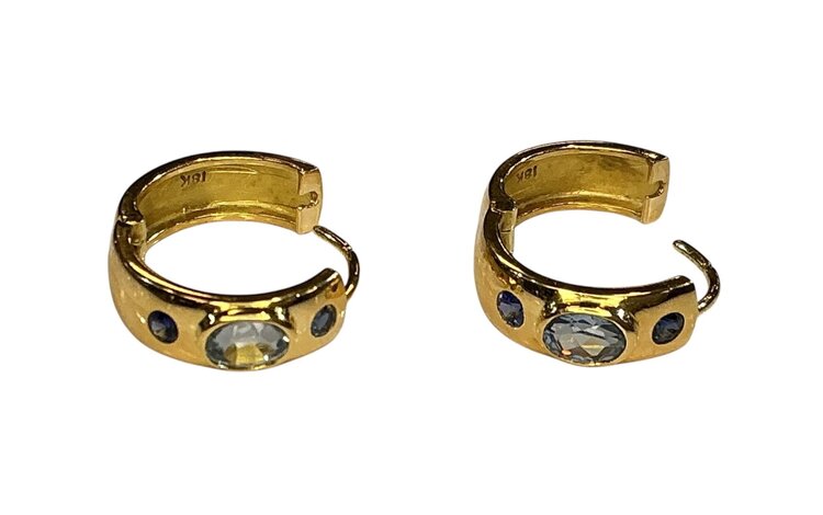 (X)18KY 1.20TW AQ .40TW BLUE SAPPHIRE AAA AQUAMARINE AA CEYLON SAPPHIRES HOOP YELLOW GOLD EARRINGS