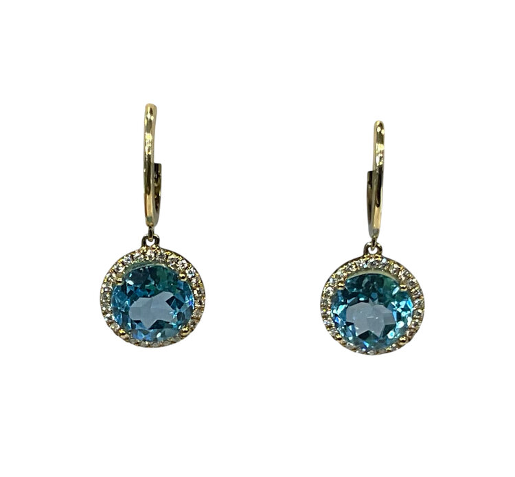 (Y)14KY 7.05TW TPZ 1/4TW DIAMOND HALO AND SKY BLUE TOPAZ ROUND CUT YELLOW GOLD DANGLE EARRINGS