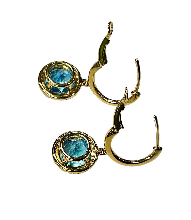 (Y)14KY 7.05TW TPZ 1/4TW DIAMOND HALO AND SKY BLUE TOPAZ ROUND CUT YELLOW GOLD DANGLE EARRINGS