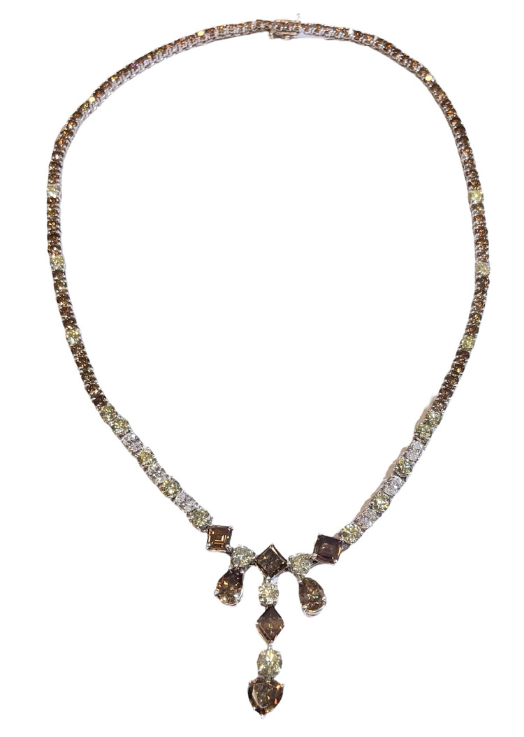 GEMDEK (Y)PLT 16.43CTW DIA COGNAC FANCY BROWN YELLOW AND WHITE DIAMOND MULTI CUTS PLATINUM TENNIS NECKLACE