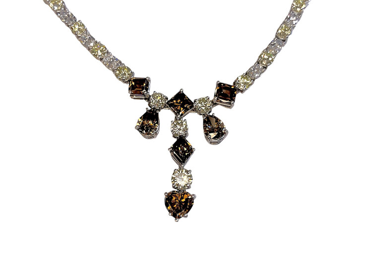GEMDEK (Y)PLT 16.43CTW DIA COGNAC FANCY BROWN YELLOW AND WHITE DIAMOND MULTI CUTS PLATINUM TENNIS NECKLACE