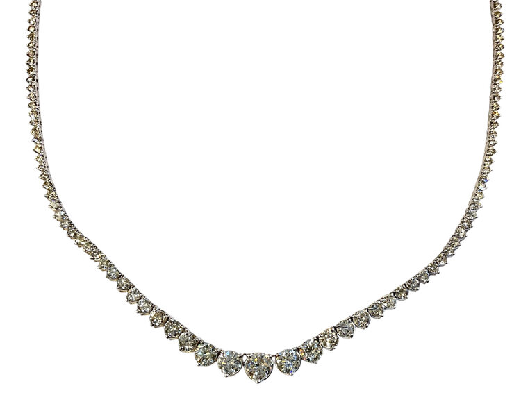 GEMDEK (Y)18KW DIA 9.86CTW GRADUATED I-G/SI QUALITY ROUND CUT DIAMOND TENNIS 18.5” LONG  WHITE GOLD NECKLACE