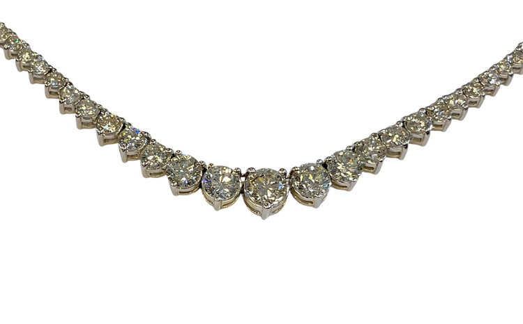 GEMDEK (Y)18KW DIA 9.86CTW GRADUATED I-G/SI QUALITY ROUND CUT DIAMOND TENNIS 18.5” LONG  WHITE GOLD NECKLACE