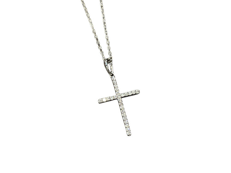 (Y)14K 0.12CT DIA, CROSS PENDANT ON WHITE GOLD CHAIN AND DIAMONDS, LOBSTER CLASP
