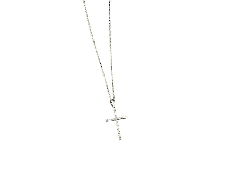 (Y)14K 0.12CT DIA, CROSS PENDANT ON WHITE GOLD CHAIN AND DIAMONDS, LOBSTER CLASP