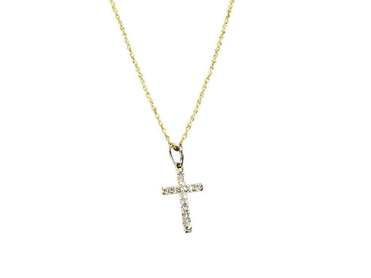 (Y)14K 0.14CT DIA, YELLOW GOLD CROSS PENDANT ON DIAMOND CUT CHAIN, SPRING CLASP