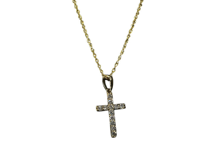 (Y)14K 0.14CT DIA, YELLOW GOLD CROSS PENDANT ON DIAMOND CUT CHAIN, SPRING CLASP