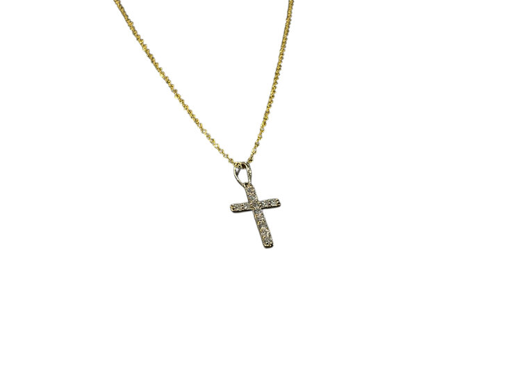 (Y)14K 0.14CT DIA, YELLOW GOLD CROSS PENDANT ON DIAMOND CUT CHAIN, SPRING CLASP