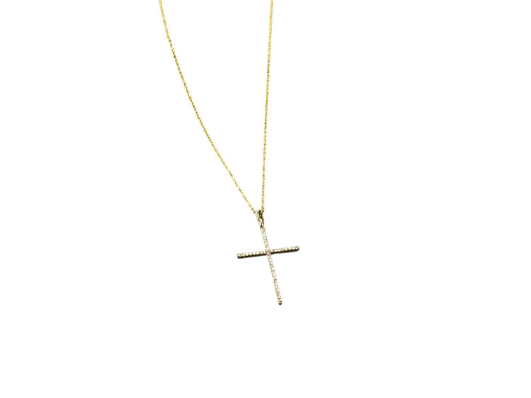 (Y)14K 0.13CT DIA, CROSS PENDANT ON YELLOW GOLD CHAIN WITH DIAMONDS, DIAMOND CUT CHAIN, SPRING CLASP