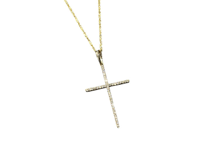 (Y)14K 0.13CT DIA, CROSS PENDANT ON YELLOW GOLD CHAIN WITH DIAMONDS, DIAMOND CUT CHAIN, SPRING CLASP