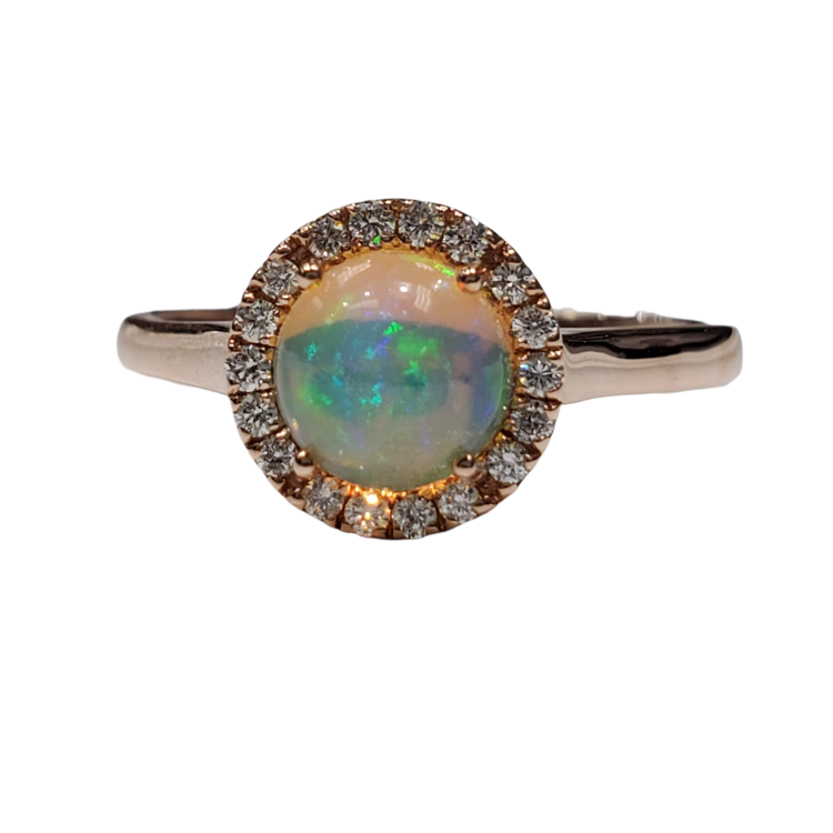 REGO (Y)14KR .57CT OP .15TW DIAMOND HALO ETHIOPIAN OPAL ROUND ROSE GOLD RING