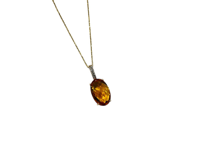 RYAN GEMS INC (Y)14K CIT 3.00 DIA 0.03, CITRINE AND DIAMOND PENDANT ON 16” LONG YELLOW GOLDN CHAIN