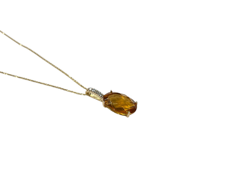 RYAN GEMS INC (Y)14K CIT 3.00 DIA 0.03, CITRINE AND DIAMOND PENDANT ON 16” LONG YELLOW GOLDN CHAIN