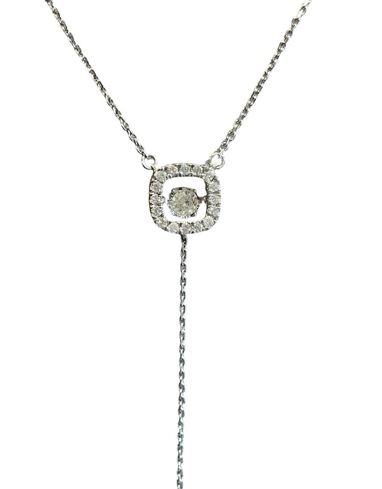 (Y)14KW .42CTW DIAMOND LARIAT STYLE FRENCH SET CUSHION HALO WITH ROUND AND CIRCLE DROP ON 20” ADJUSTABLE CHAIN NECKLACE