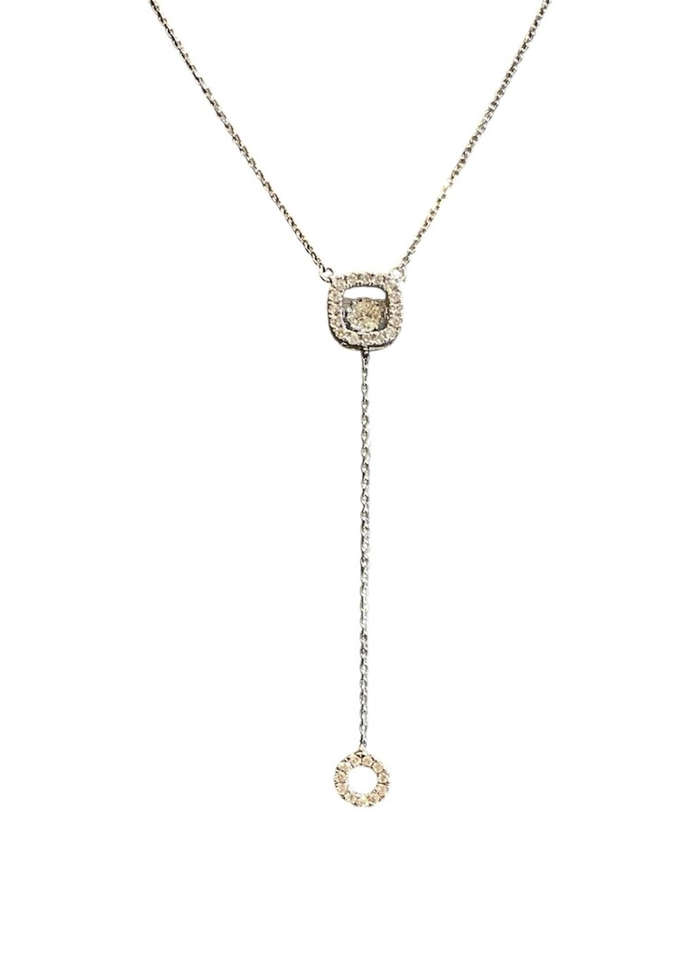 (Y)14KW .42CTW DIAMOND LARIAT STYLE FRENCH SET CUSHION HALO WITH ROUND AND CIRCLE DROP ON 20” ADJUSTABLE CHAIN NECKLACE