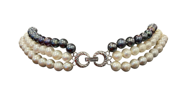 (Y)925 FWP TRIPLE STRAND MULTI COLOR FRESH WATER PEARL 18” LONG NECKLACE