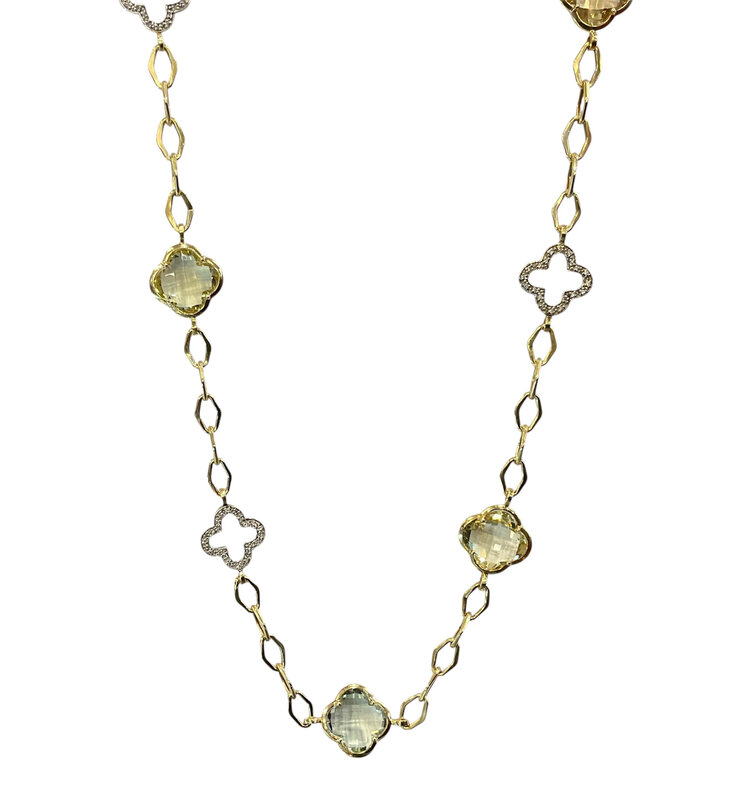 RYAN GEMS INC (Y)14KTT 64.0CTW QTZ 1.20TDW DIAMOND 4 LEAF CLOVER CHECKERBOARD CUT PRONG SET OPEN LINK 45” LONG