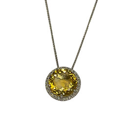 RYAN GEMS INC (Y)14KW 10.0CTW CITR .27TDW DIAMOND ROUND CUT CITRINE HALO ON 18” WHEAT CHAIN PENDANT