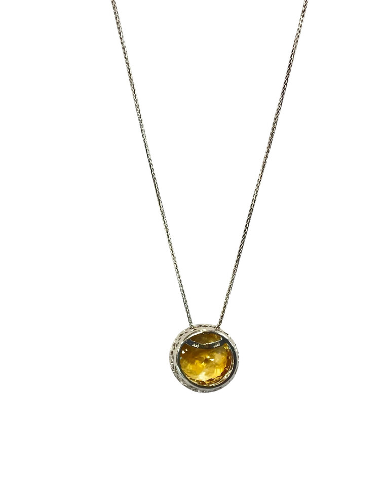 RYAN GEMS INC (Y)14KW 10.0CTW CITR .27TDW DIAMOND ROUND CUT CITRINE HALO ON 18” WHEAT CHAIN PENDANT