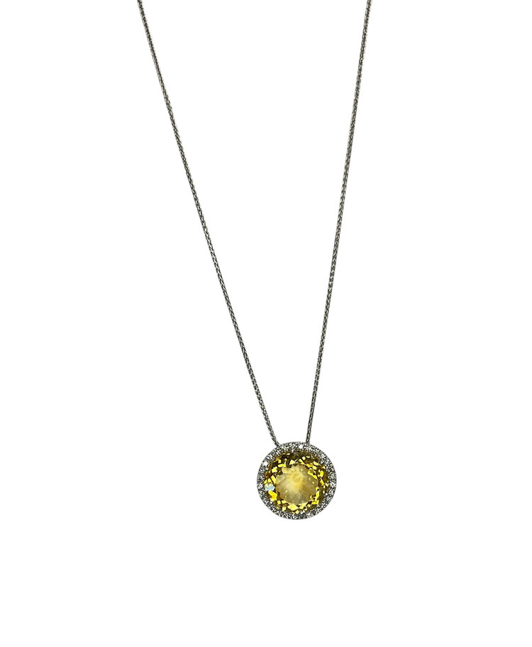 RYAN GEMS INC (Y)14KW 10.0CTW CITR .27TDW DIAMOND ROUND CUT CITRINE HALO ON 18” WHEAT CHAIN PENDANT