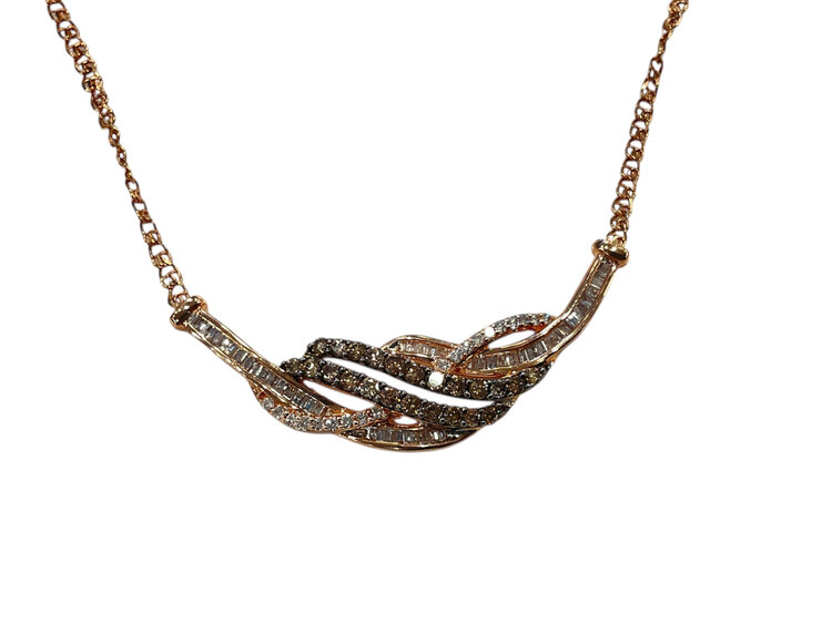 (Z)10K 1.25CTW WHITE/CHOCOLATE ROUND/BAGUETTE KNOT NECKLACE ROSE GOLD CHAIN