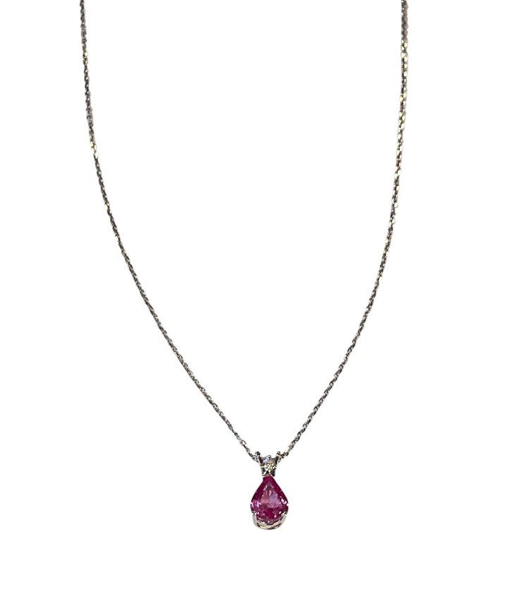 RYAN GEMS INC (Y)14KW PS 1.20 DIA 0.04, PINK SAPPHIRE AND DIAMOND PENDANT ON WHITE GOLD CHAIN