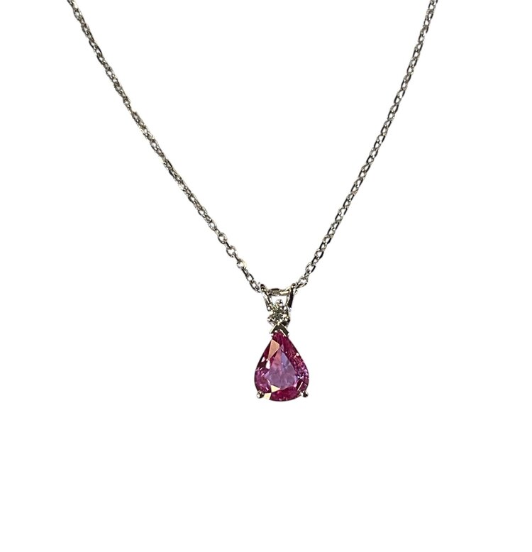 RYAN GEMS INC (Y)14KW PS 1.20 DIA 0.04, PINK SAPPHIRE AND DIAMOND PENDANT ON WHITE GOLD CHAIN