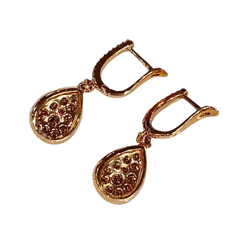 RYAN GEMS INC (Y)14KR 1.55TDW CHD PAVE SET WHITE & CHOCOLATE DIAMOND DANGLE DROP ROSE GOLD EARRINGS