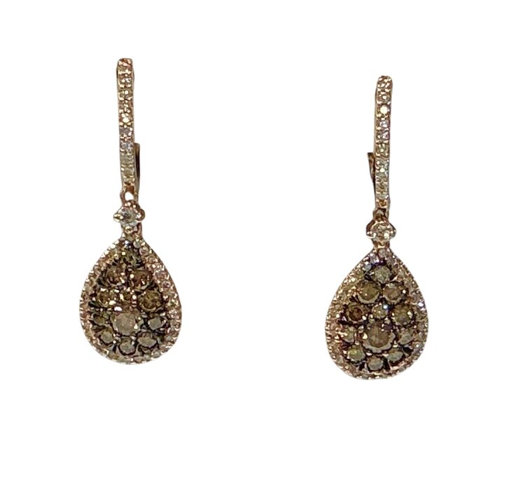 RYAN GEMS INC (Y)14KR 1.55TDW CHD PAVE SET WHITE & CHOCOLATE DIAMOND DANGLE DROP ROSE GOLD EARRINGS