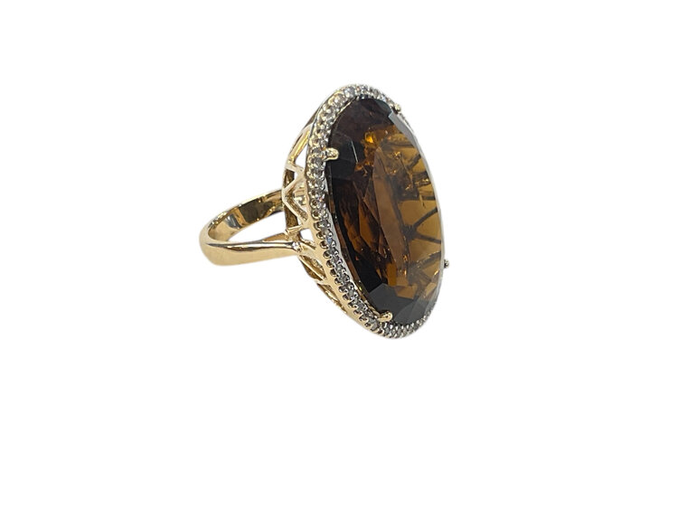 RYAN GEMS INC (Y)14K 39.00 QU 0.43 DIA, DIAMOND AND CONGOLESE SMOKEY QUARTZ YELLOW GOLD RING