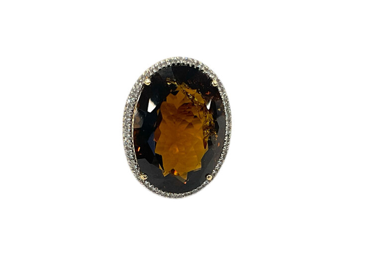 RYAN GEMS INC (Y)14K 39.00 QU 0.43 DIA, DIAMOND AND CONGOLESE SMOKEY QUARTZ YELLOW GOLD RING