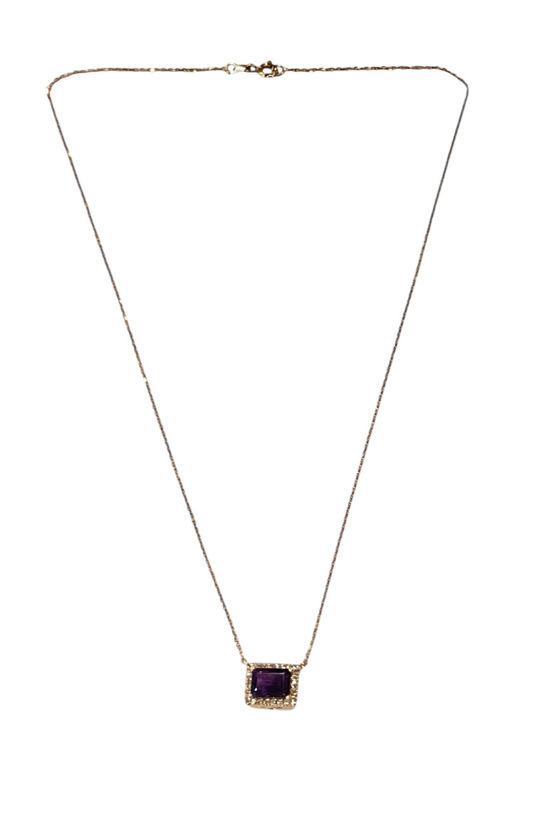 RYAN GEMS INC (Y)14KR 1.60CT AM .15TDW DIAMOND HALO STEP CUT AMETHYST SET EAST/WEST ON CABLE CHAIN 18” LONG