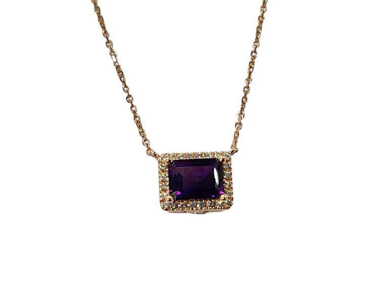 RYAN GEMS INC (Y)14KR 1.60CT AM .15TDW DIAMOND HALO STEP CUT AMETHYST SET EAST/WEST ON CABLE CHAIN 18” LONG