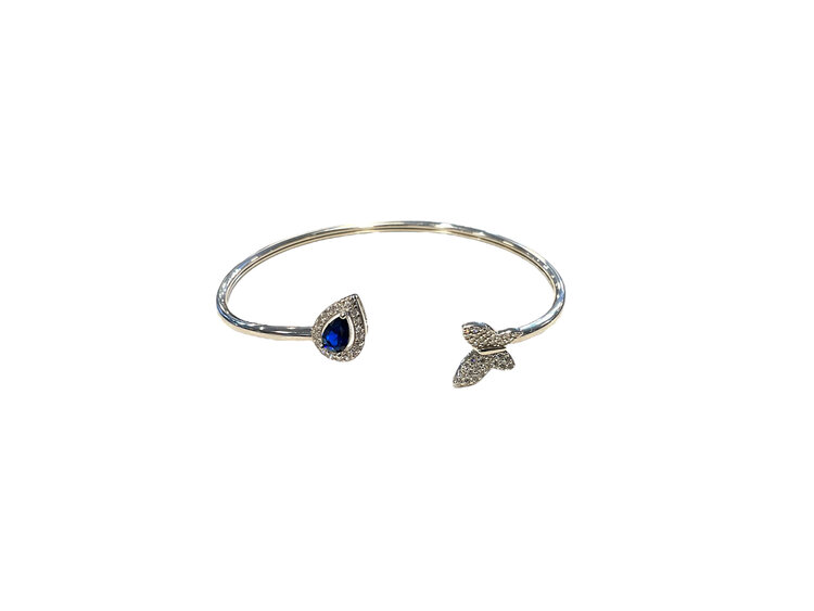 (X)925 WT, IM. SAPP, WHITE TOPAZ AND IMITATION SAPPHIRE BUTTERFLY AND PEAR SHAPE SILVER BRACELET