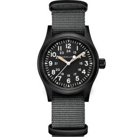 HAMILTON HAMILTON KHAKI FIELD, Reference H69409930 Caliber H-50 Collection Khaki Field Movement Mechanical Case size 38mm Thickness (mm) 9.5 Dial color Black Case material Stainless steel Coating PVD black Crystal Sapphire Lug width 20mm Power reserve 80 hour