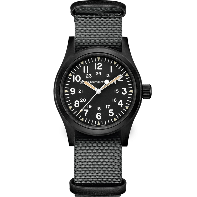 HAMILTON HAMILTON KHAKI FIELD, Reference H69409930 Caliber H-50 Collection Khaki Field Movement Mechanical Case size 38mm Thickness (mm) 9.5 Dial color Black Case material Stainless steel Coating PVD black Crystal Sapphire Lug width 20mm Power reserve 80 hour