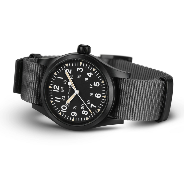 HAMILTON HAMILTON KHAKI FIELD, Reference H69409930 Caliber H-50 Collection Khaki Field Movement Mechanical Case size 38mm Thickness (mm) 9.5 Dial color Black Case material Stainless steel Coating PVD black Crystal Sapphire Lug width 20mm Power reserve 80 hour