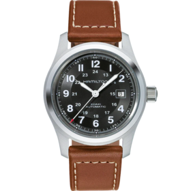 HAMILTON HAMILTON FIELD, Reference H70555533 Caliber H-10 Collection Khaki Field Movement Automatic Case size 42mm Thickness (mm) 11 Dial color Black Case material Stainless steel Crystal Sapphire Lug to lug 53mm Lug width 22mm Power reserve 80 hour