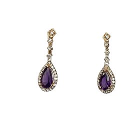 (X)14KR 1.60CTW AM .40TDW DIAMOND PEAR CUT AMETHYST HALO ROSE GOLD DANGEL EARRINGS