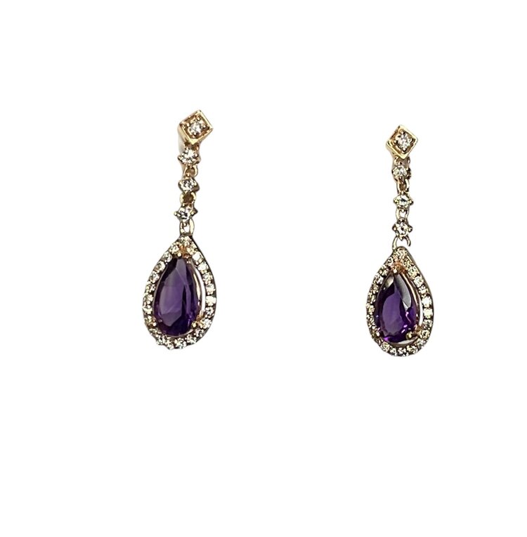 (X)14KR 1.60CTW AM .40TDW DIAMOND PEAR CUT AMETHYST HALO ROSE GOLD DANGEL EARRINGS